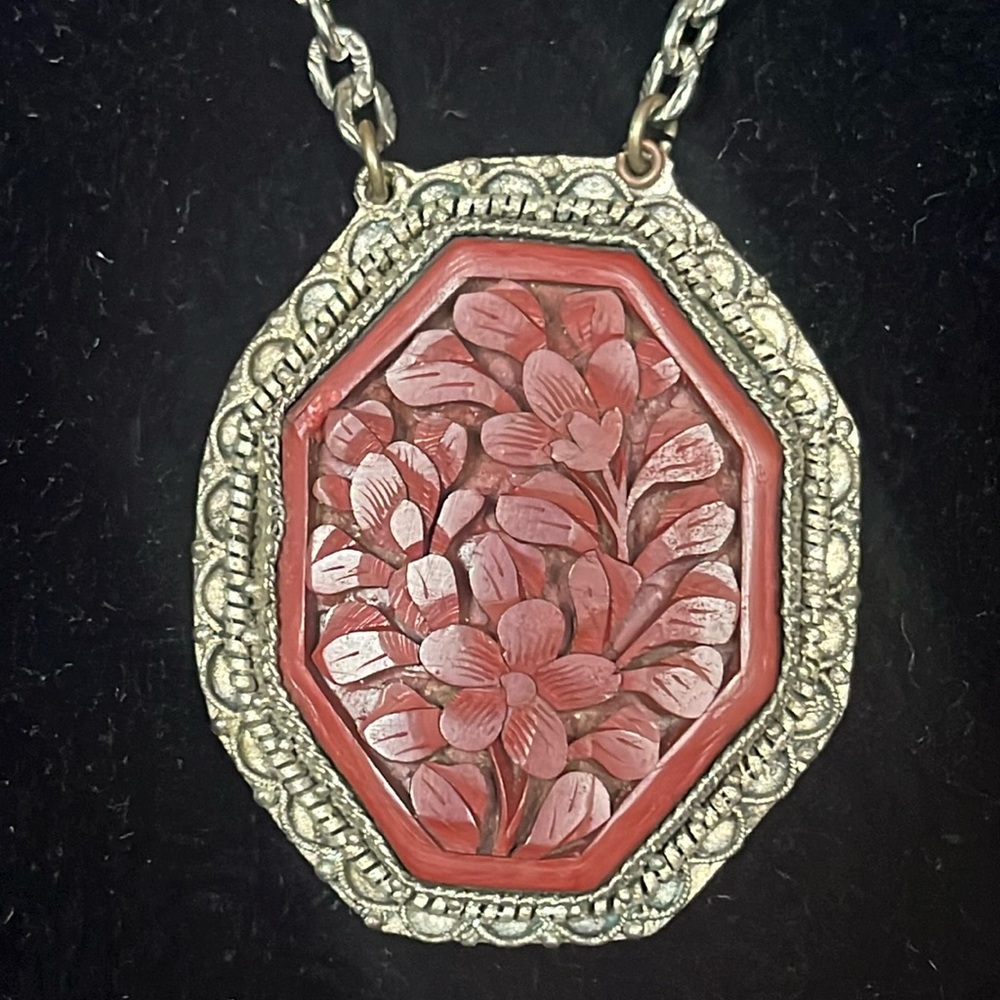 Vintage Antique Chinese Deep Carved Cinnabar necklace handmade